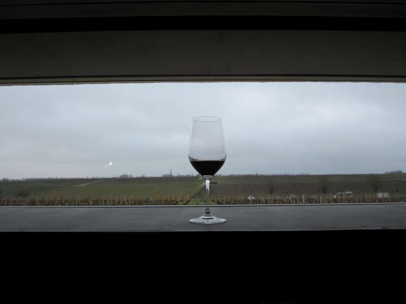 A glass of 2014 Latour looks out over its vineyards